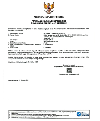 Sertifikat Perizinan Usaha Berbasis Resiko